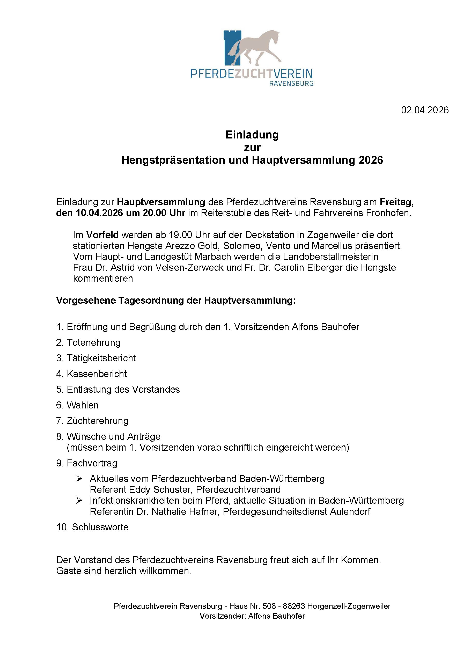 Einladung HV und Hengstpräsentation 2026
